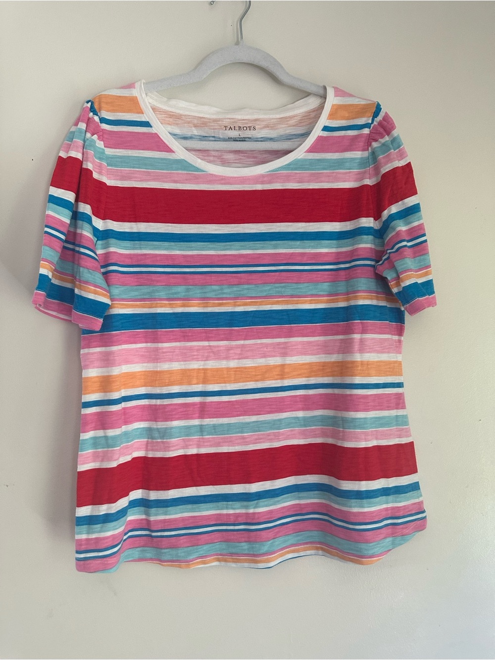 Talbots Nautical Multi-Stripe Cotton Modal Tee with Puff Shoulders Large